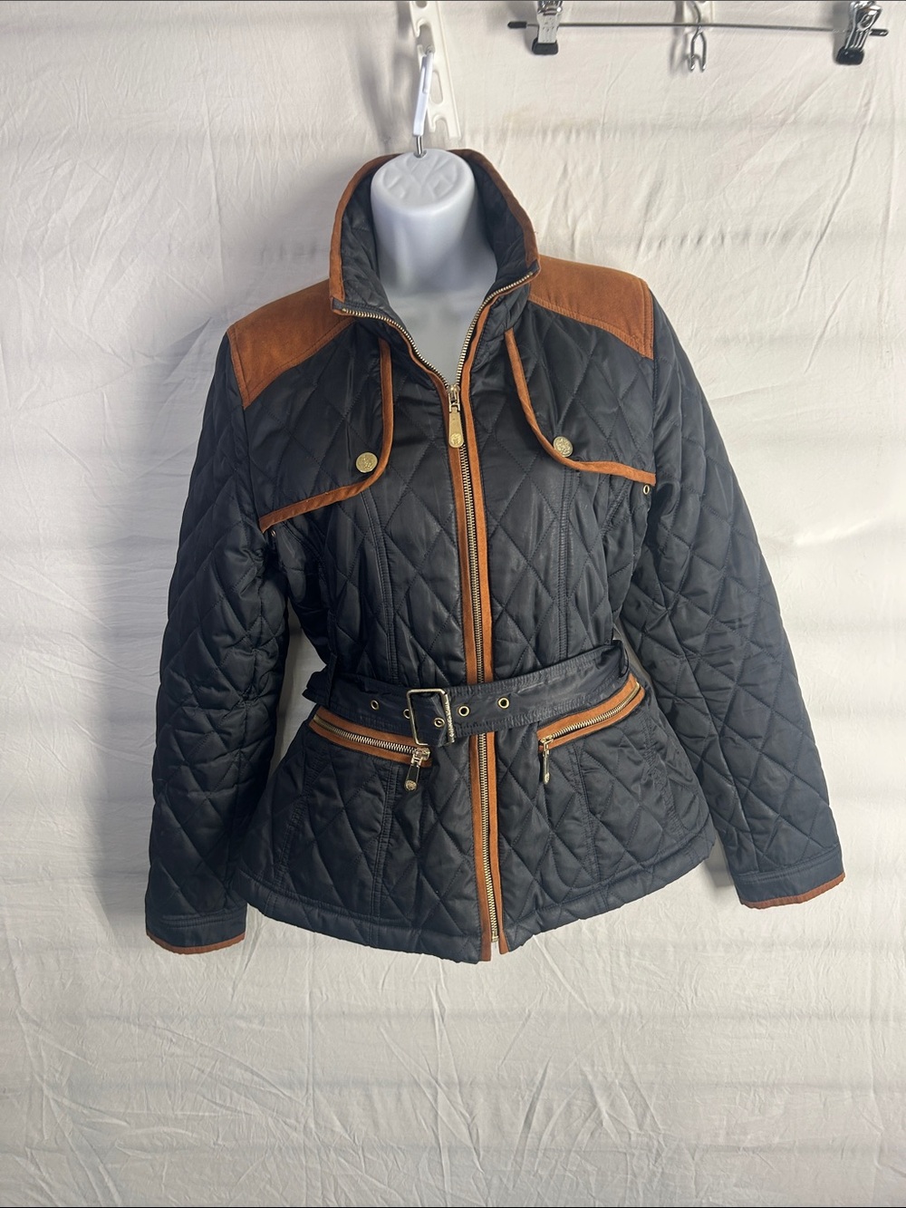 Vince Camuto Black Quilted Belted Jacket with Brown Trim